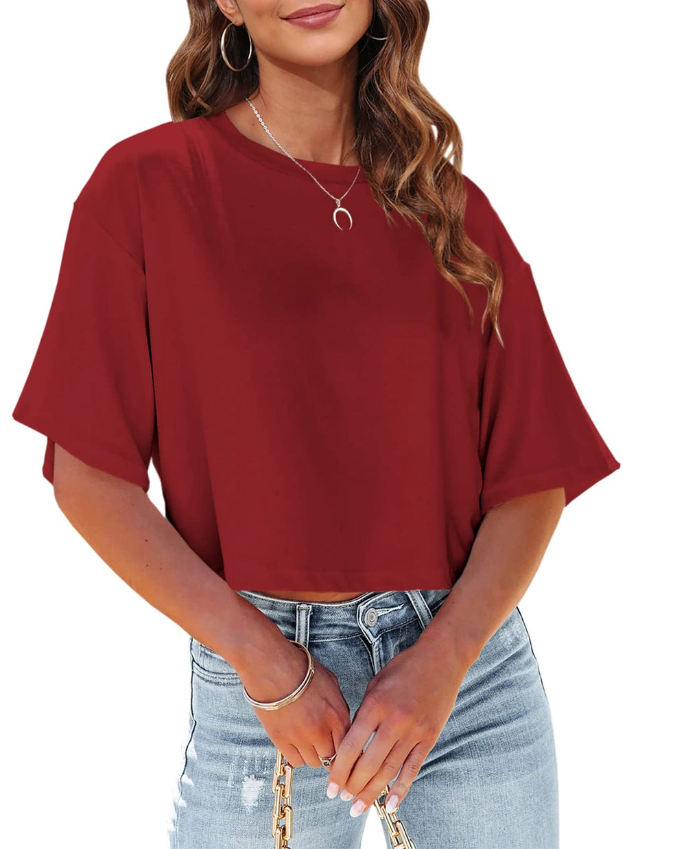 Tankaneo Women Half Sleeve Cropped T-Shirts Drop Shoulder Round Neck Crop Tops Casual Summer Solid Color Basic Tees