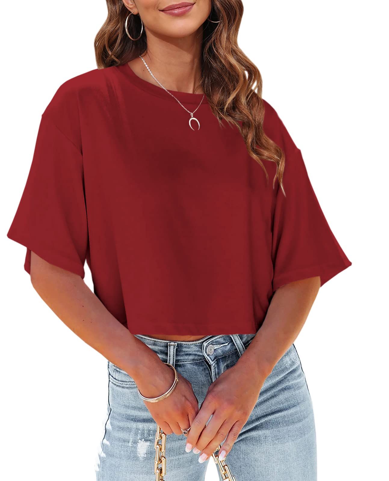 Tankaneo Women Half Sleeve Cropped T-Shirts Drop Shoulder Round Neck Crop Tops Casual Summer Solid Color Basic Tees
