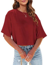 Tankaneo Women Half Sleeve Cropped T-Shirts Drop Shoulder Round Neck Crop Tops Casual Summer Solid Color Basic Tees