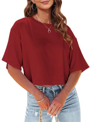 Tankaneo Women Half Sleeve Cropped T-Shirts Drop Shoulder Round Neck Crop Tops Casual Summer Solid Color Basic Tees
