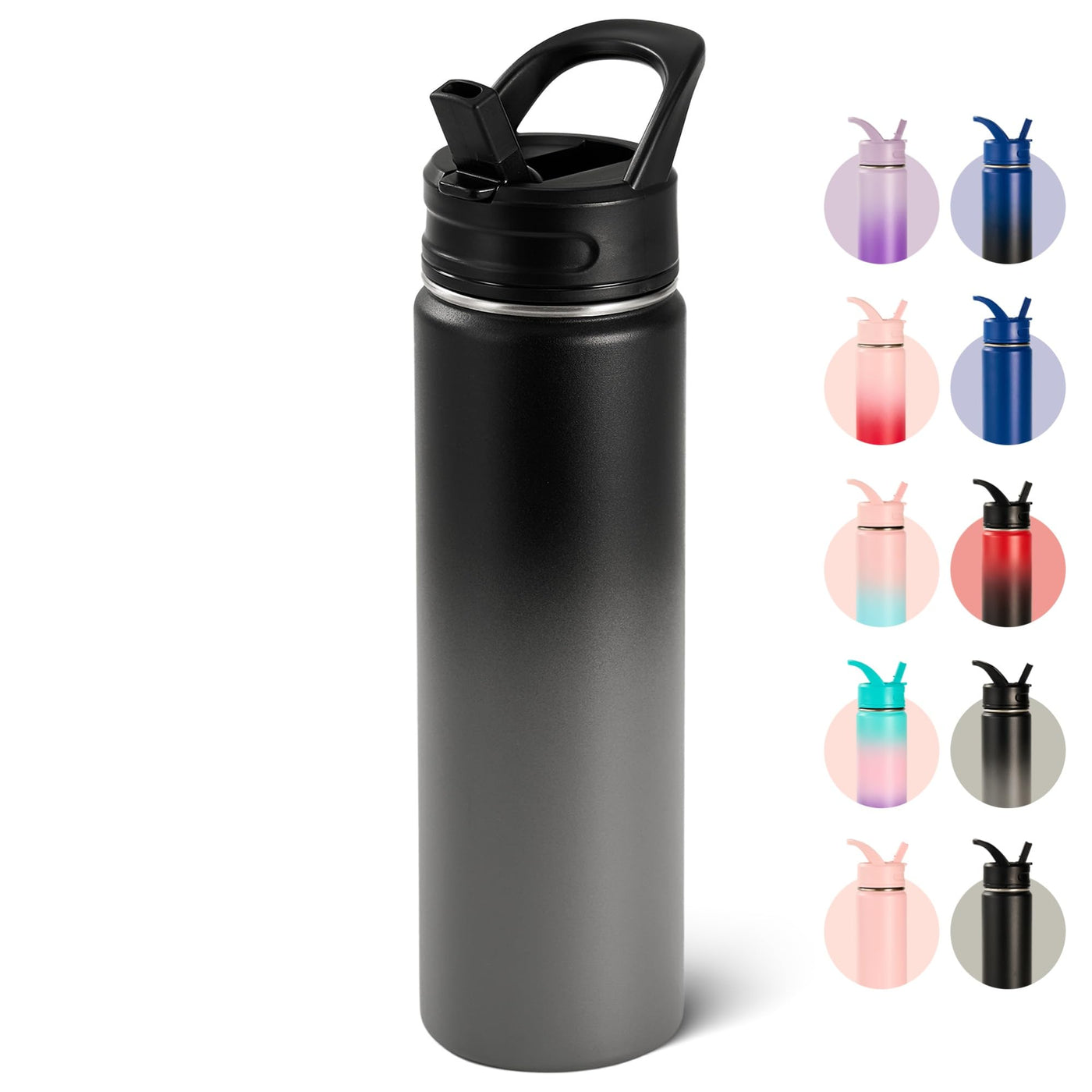 Fijinhom 18oz Insulated Stainless Steel Water Bottle with Straws, Double Wall Vacuum Insulated Bottles, Metal Thermo for Travel, Sports, Leak-Proof, BPA Free, Women & Men, Black