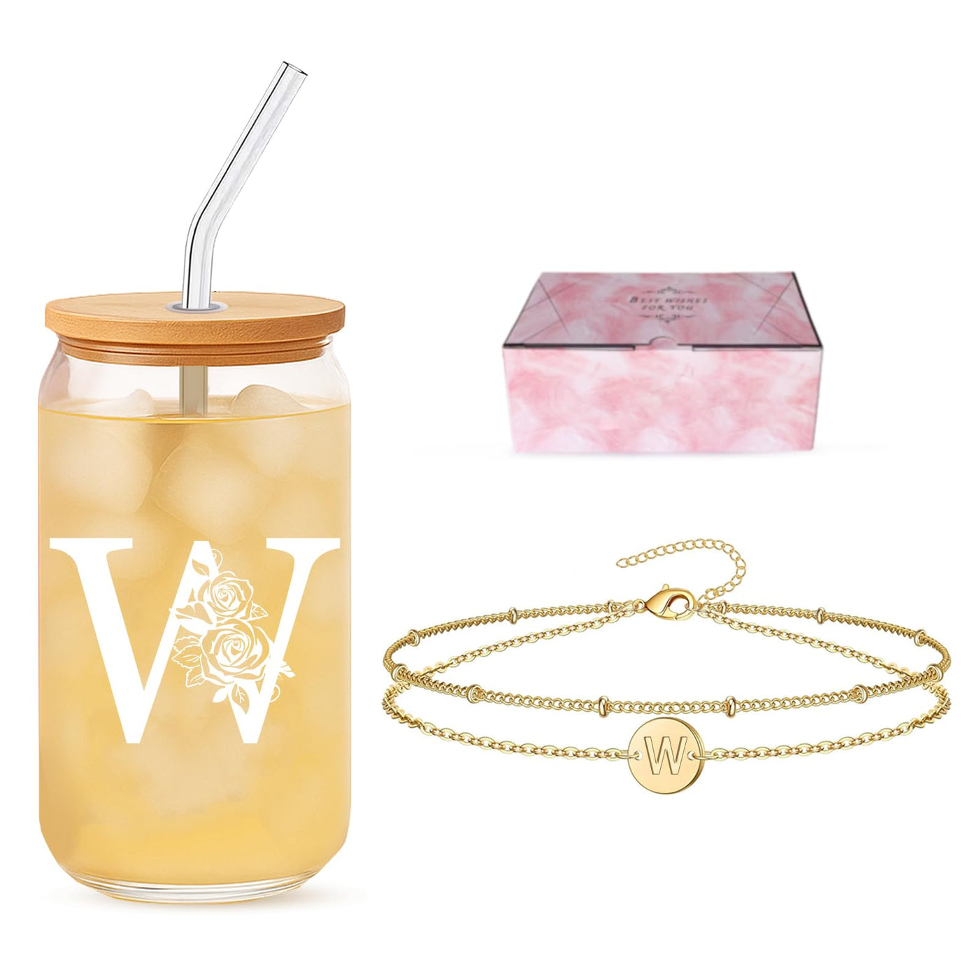Friendship Gifts for Women, Initial Glass Cup and Bracelet Gift Set, Personalized Ready to Gift Letter Gift for Bestie, Women Friends and Special Occasions