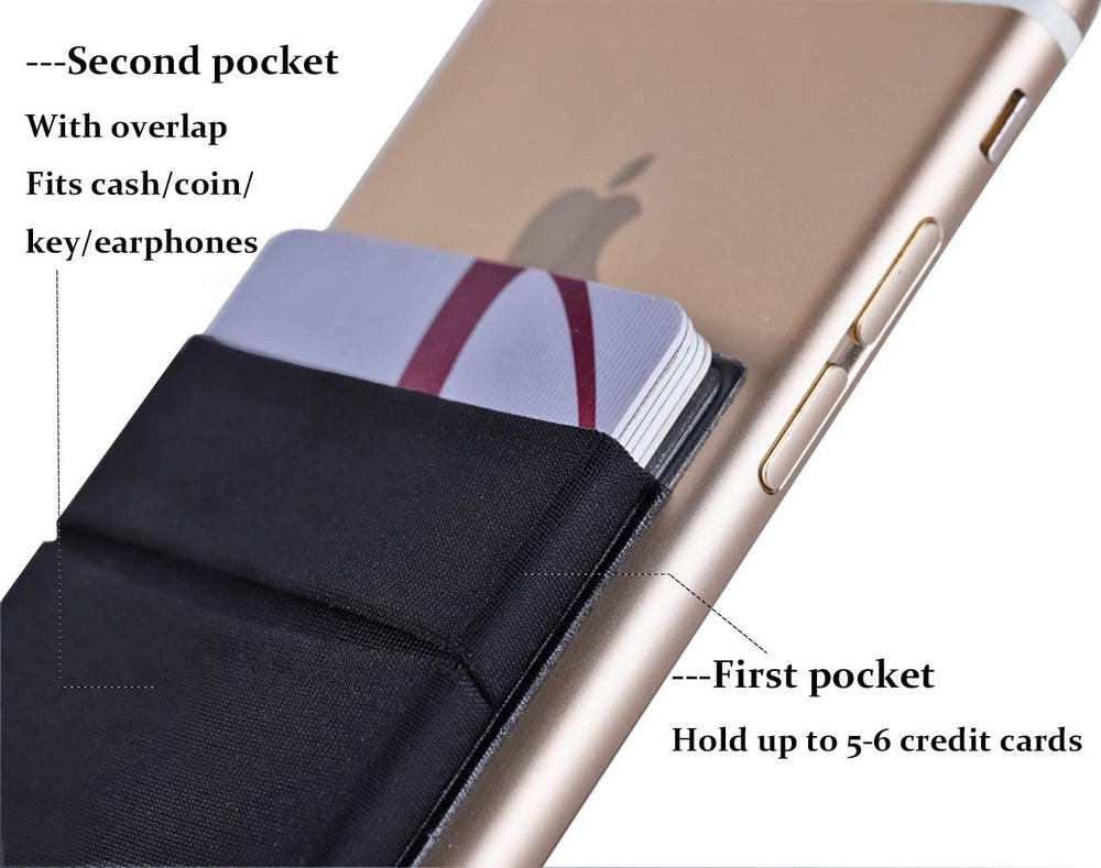 2Pack Adhesive Phone Pocket,Cell Phone Stick On Card Wallet Sleeve,Credit Cards/ID Card Holder(Double Secure) with Sticker for Back of iPhone,Android and All Smartphones-Black