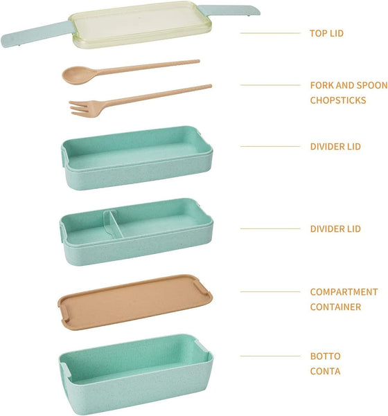 Rarapop 3 Pack Stackable Bento Box Adult Japanese Lunch Box Kit with Spoon & Fork, 3-In-1 Compartment Wheat Straw Meal Prep Containers (Green/Pink/Beige) - hover image