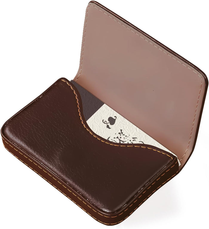 Business Card Holder, Slim Brown PU Leather Card Case for Men & Women with Magnetic Shut, Portable Pocket or Purse Wallet Holds Credit ID Cards, Gift Idea