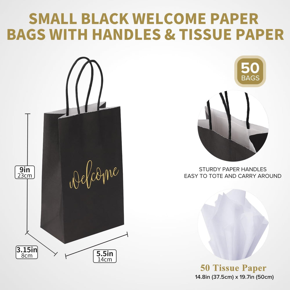50 Pack Small Welcome Gift Bags 9x5.5x3.15 Inch with 50 Sheets White Tissue Paper for Wedding Hotel Guests, Black Party Favor Bags with Handles for Engagements, Baby Showers, Birthday Goodies
