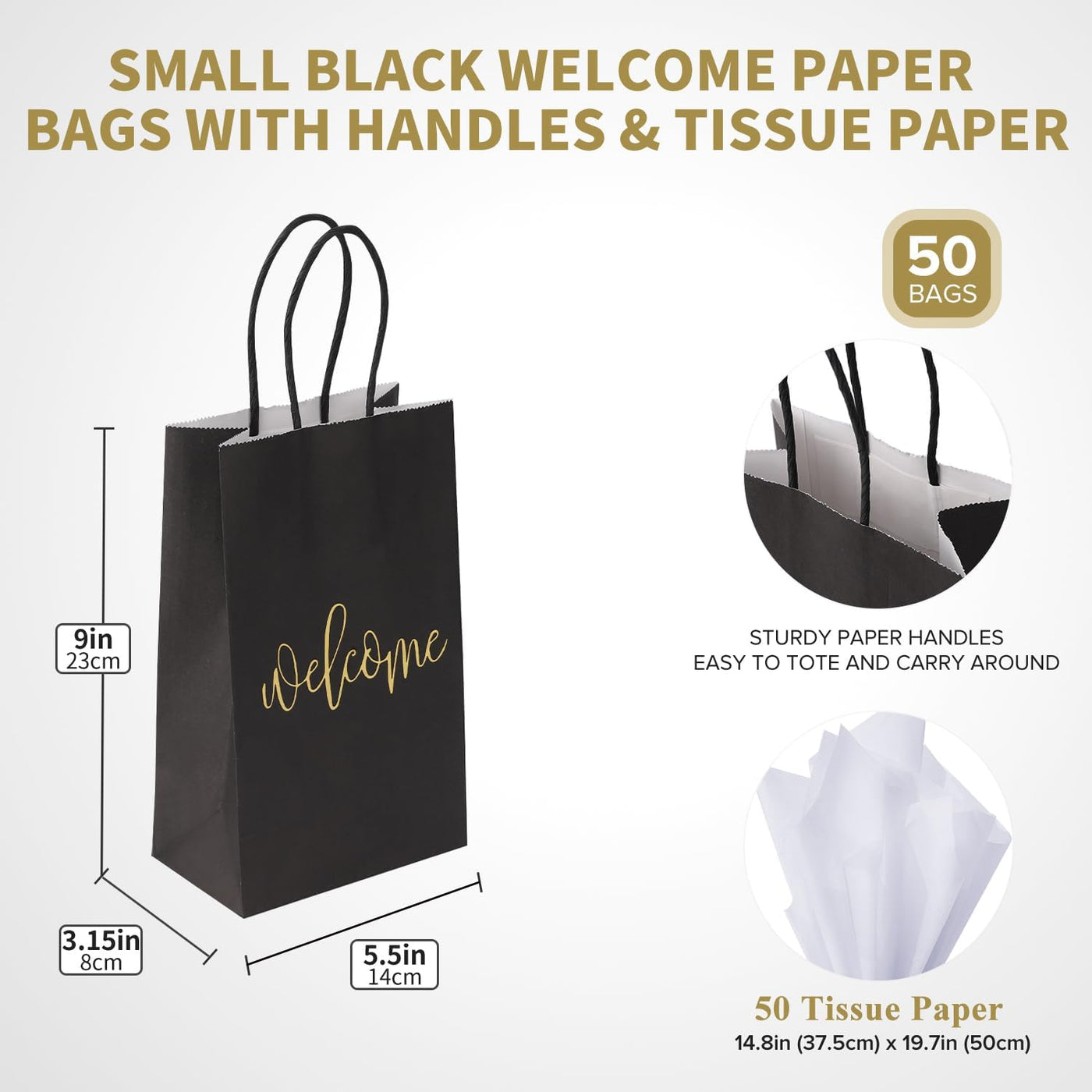 50 Pack Small Welcome Gift Bags 9x5.5x3.15 Inch with 50 Sheets White Tissue Paper for Wedding Hotel Guests, Black Party Favor Bags with Handles for Engagements, Baby Showers, Birthday Goodies