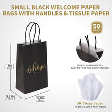 50 Pack Small Welcome Gift Bags 9x5.5x3.15 Inch with 50 Sheets White Tissue Paper for Wedding Hotel Guests, Black Party Favor Bags with Handles for Engagements, Baby Showers, Birthday Goodies