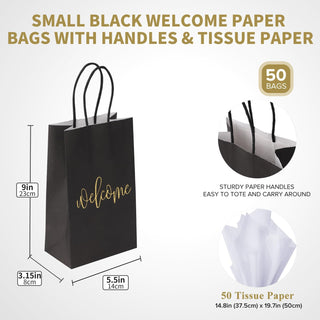 50 Pack Small Welcome Gift Bags 9x5.5x3.15 Inch with 50 Sheets White Tissue Paper for Wedding Hotel Guests, Black Party Favor Bags with Handles for Engagements, Baby Showers, Birthday Goodies
