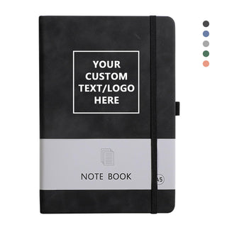 Personalized Notebook Custom Journal Notebook PU Leather A5 Can Customized with Logo/Text/Image- 192 Lined Pages 8.3 x 5.9 Inch, Pen Loop, Elastic Band, Black Hardcover