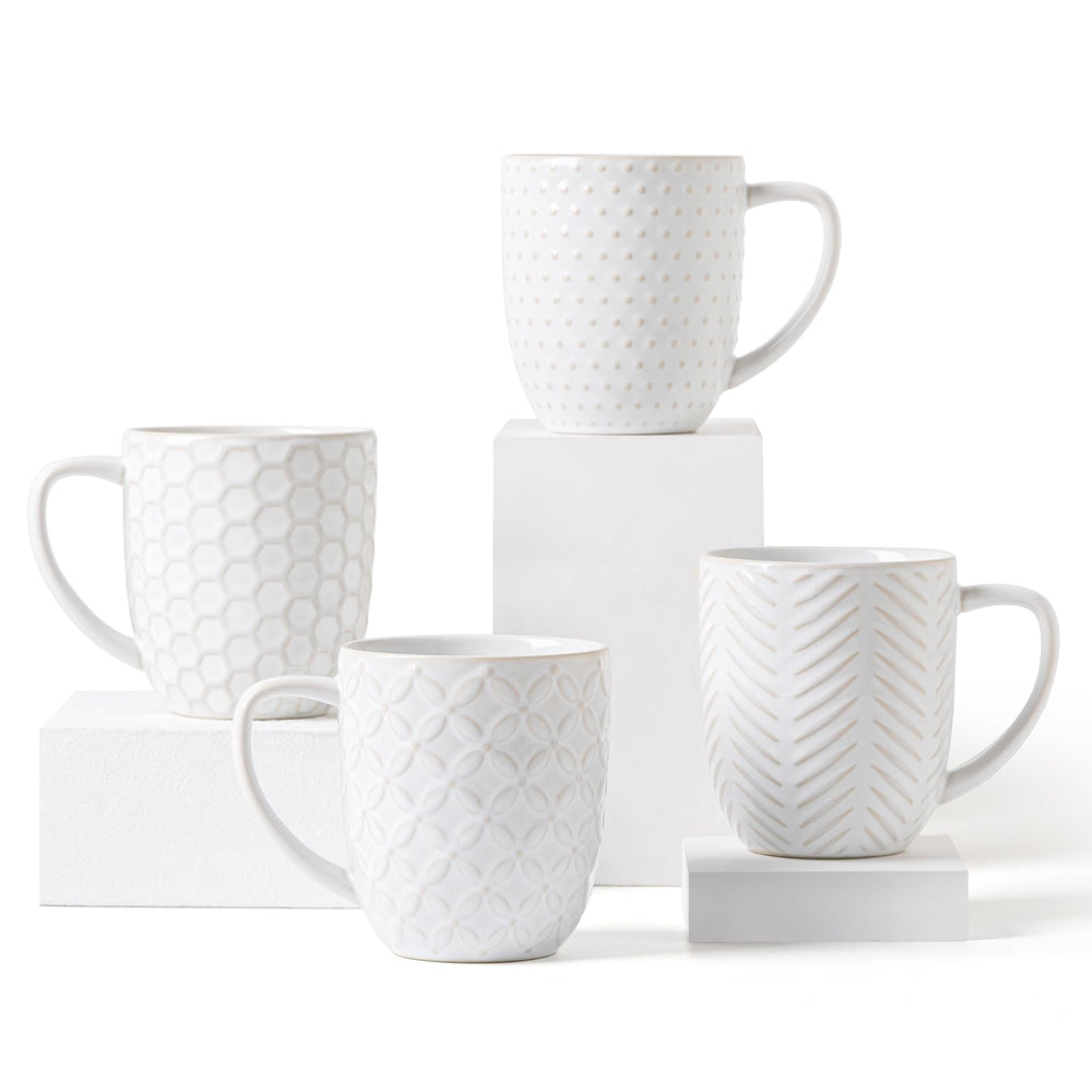 FOBENTA Ceramic Coffee Mugs Set of 4, 12oz Embossed Cups with Elegant Patterns – A Thoughtful Gift for Women, Mom, or Friends,Perfect for Tea, Latte, Cocoa (Arctic White, 12 OZ)