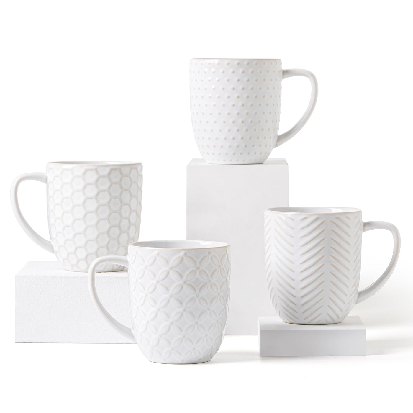 FOBENTA Ceramic Coffee Mugs Set of 4, 12oz Embossed Cups with Elegant Patterns – A Thoughtful Gift for Women, Mom, or Friends,Perfect for Tea, Latte, Cocoa (Arctic White, 12 OZ)