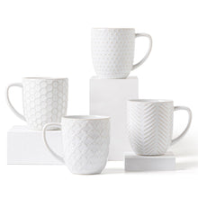 FOBENTA Ceramic Coffee Mugs Set of 4, 12oz Embossed Cups with Elegant Patterns – A Thoughtful Gift for Women, Mom, or Friends,Perfect for Tea, Latte, Cocoa (Arctic White, 12 OZ)