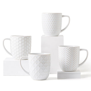 FOBENTA Ceramic Coffee Mugs Set of 4, 12oz Embossed Cups with Elegant Patterns – A Thoughtful Gift for Women, Mom, or Friends,Perfect for Tea, Latte, Cocoa (Arctic White, 12 OZ)