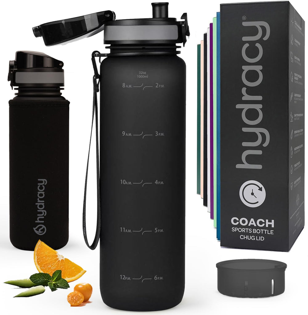 Hydracy Water Bottle with Time Marker -Large BPA Free Water Bottle & No Sweat Sleeve -Leak Proof Gym Bottle with Times to Drink - Ideal for Fitness Sports & Outdoors