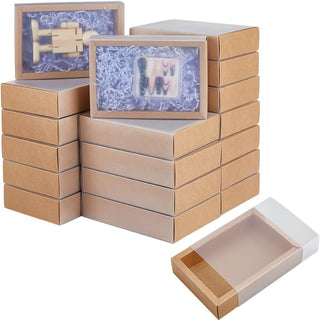 BENECREAT 30 Set Brown Kraft Drawer Gift Box, Paper Storage Organizers with Translucent Plastic Sliding Lid for Wedding Favors, DIY Crafts, Small Item Display, 7.17x5.12x1.8inch