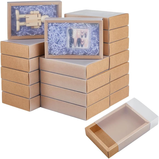 BENECREAT 30 Set Brown Kraft Drawer Gift Box, Paper Storage Organizers with Translucent Plastic Sliding Lid for Wedding Favors, DIY Crafts, Small Item Display, 7.17x5.12x1.8inch