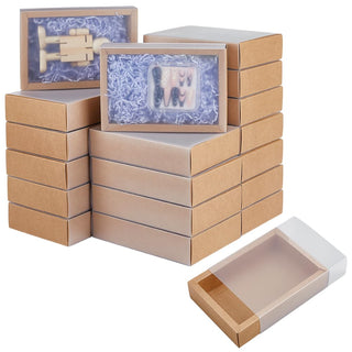 BENECREAT 30 Set Brown Kraft Drawer Gift Box, Paper Storage Organizers with Translucent Plastic Sliding Lid for Wedding Favors, DIY Crafts, Small Item Display, 7.17x5.12x1.8inch