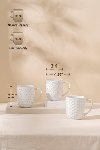 FOBENTA Ceramic Coffee Mugs Set of 4, 12oz Embossed Cups with Elegant Patterns – A Thoughtful Gift for Women, Mom, or Friends,Perfect for Tea, Latte, Cocoa (Arctic White, 12 OZ)