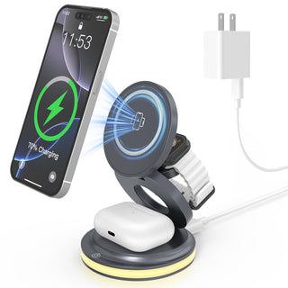 ZealSound Wireless Charging Pad, 3 in 1 Charger Mat for iPhone, Samsung Galaxy, Pixel, AirPods & Galaxy Buds, 24W Adapter Included, Ultra Slim, Case Friendly, PU Leather, Home Office & Travel, Gray