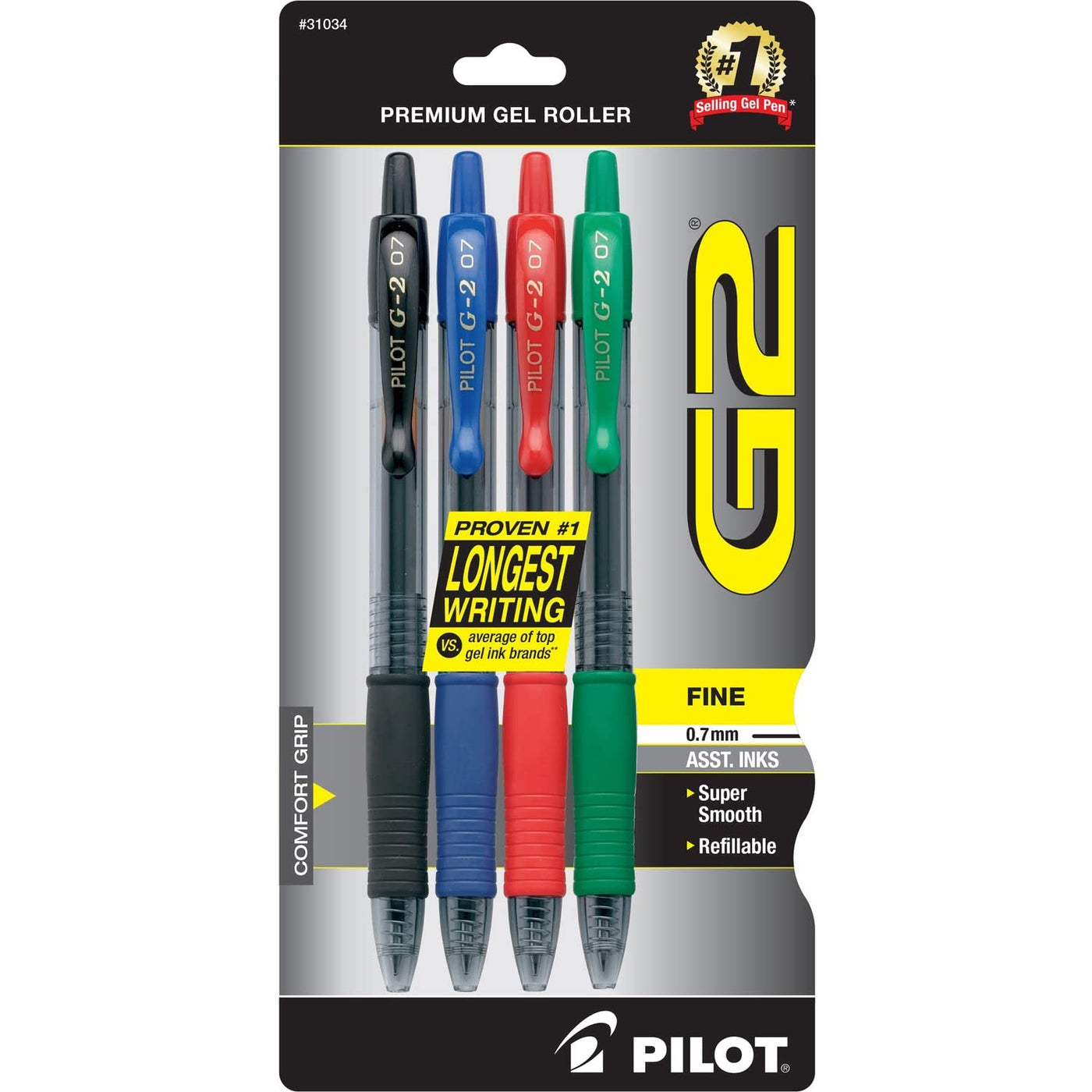 PILOT G2 Premium Refillable and Retractable Rolling Ball Gel Pens, Fine Point, Black Ink, 4-Pack (31057)