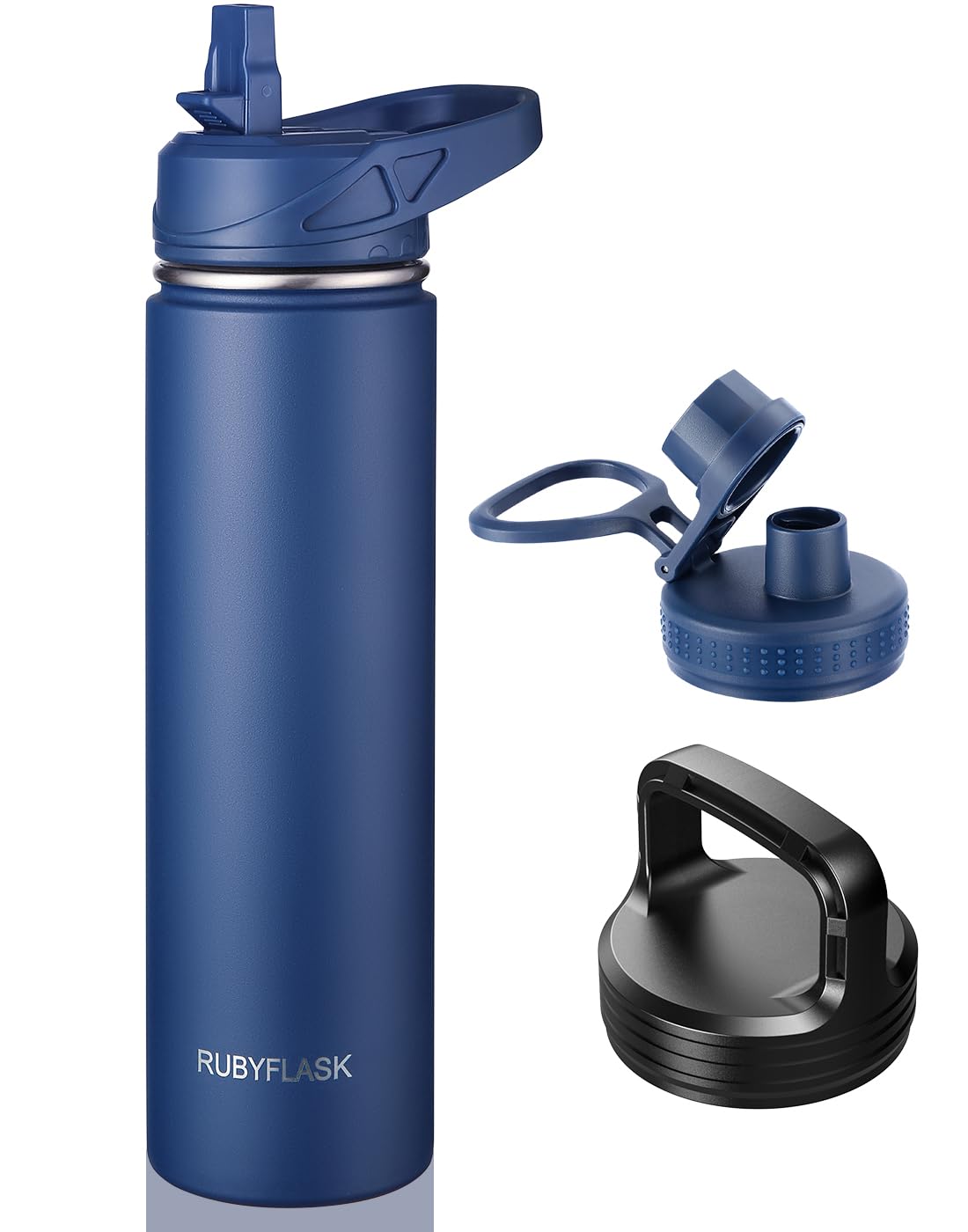 RUBYFLASK 32oz Insulated Water Bottle with Straw, Stainless Steel Metal Vacuum Water Flask, Large Thermal Water bottle with Leakproof 3 Lids for Travel, Camping, Gym Sports Indigo Black