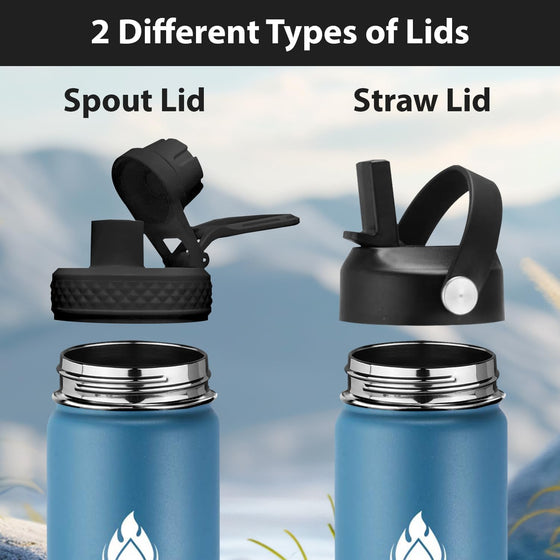 SENDESTAR Water Bottle 32oz Double Wall Vacuum Insulated Leak Proof Stainless Steel Sports Water Bottle—Wide Mouth with New Flex Straw Lid & Spout Lid (Deep Blue&Black) - hover image