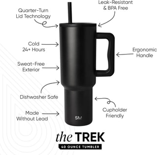 Simple Modern 40 oz Trek Tumbler with Handle and Straw Lid | Cup Holder Friendly Insulated Stainless Steel Travel Mug | Midnight Black