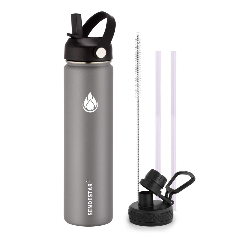 SENDESTAR Water Bottle 32oz Double Wall Vacuum Insulated Leak Proof Stainless Steel Sports Water Bottle—Wide Mouth with New Flex Straw Lid & Spout Lid (Deep Blue&Black)
