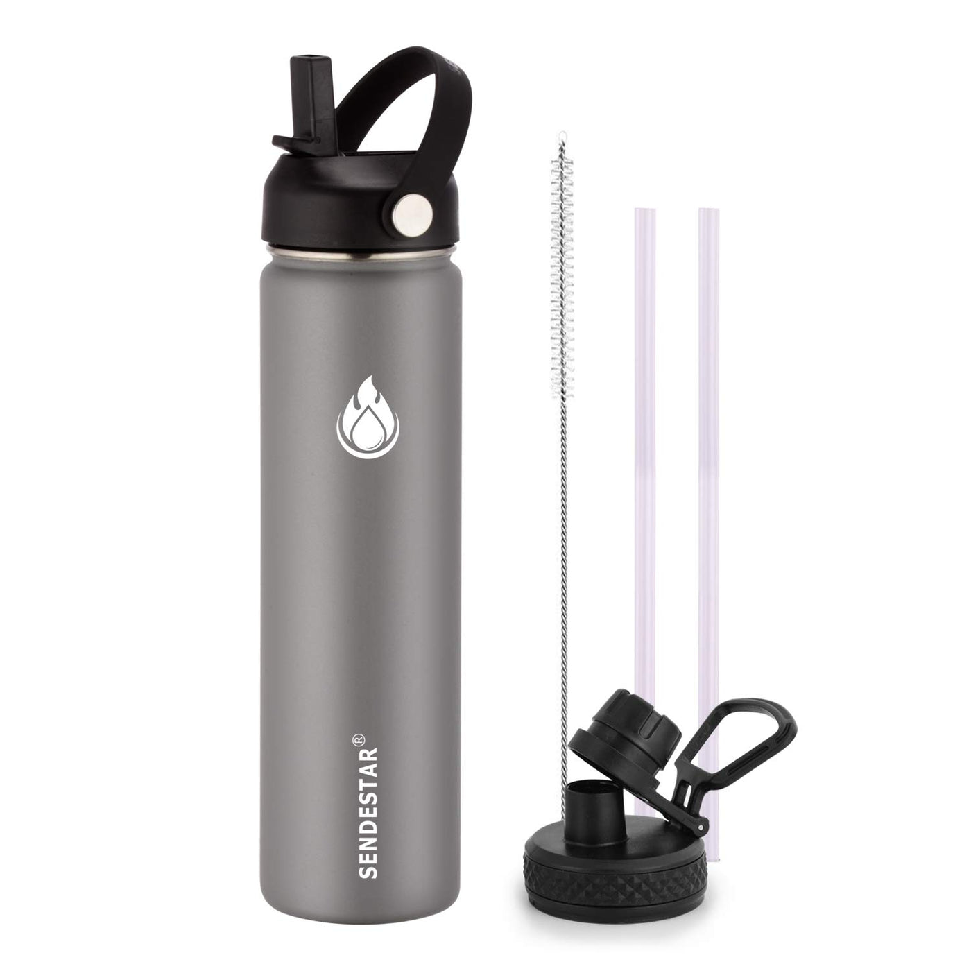 SENDESTAR Water Bottle 32oz Double Wall Vacuum Insulated Leak Proof Stainless Steel Sports Water Bottle—Wide Mouth with New Flex Straw Lid & Spout Lid (Deep Blue&Black)