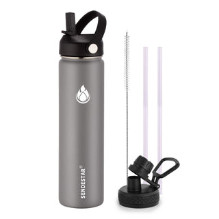 SENDESTAR Water Bottle 32oz Double Wall Vacuum Insulated Leak Proof Stainless Steel Sports Water Bottle—Wide Mouth with New Flex Straw Lid & Spout Lid (Deep Blue&Black)