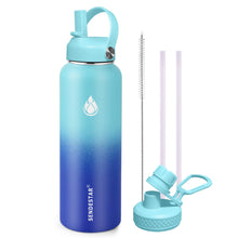 SENDESTAR Water Bottle 32oz Double Wall Vacuum Insulated Leak Proof Stainless Steel Sports Water Bottle—Wide Mouth with New Flex Straw Lid & Spout Lid (Deep Blue&Black)