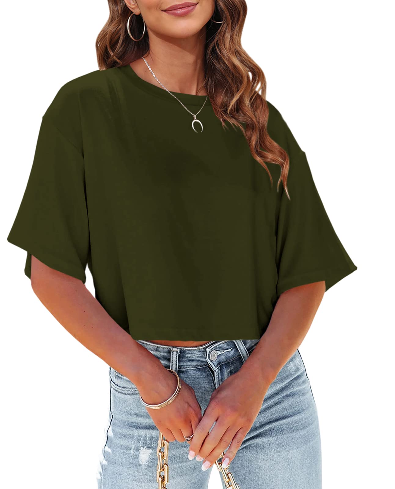 Tankaneo Women Half Sleeve Cropped T-Shirts Drop Shoulder Round Neck Crop Tops Casual Summer Solid Color Basic Tees