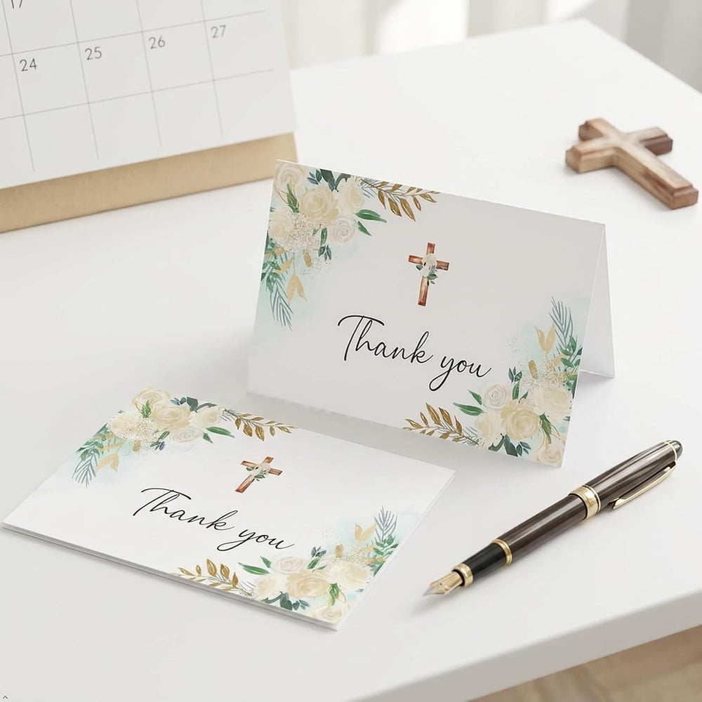 50Pcs Cross Flower Thank You & Sympathy Cards - 4 x 6 Inch Blank Inside Greeting Cards with Envelopes and Stickers for Wedding, Baptism, Baby Shower, Bridal Shower, Funeral