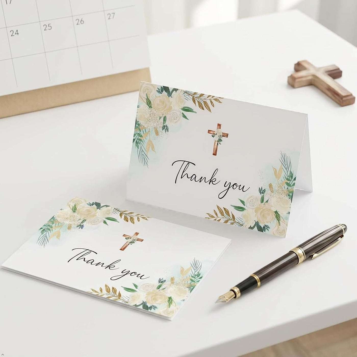 50Pcs Cross Flower Thank You & Sympathy Cards - 4 x 6 Inch Blank Inside Greeting Cards with Envelopes and Stickers for Wedding, Baptism, Baby Shower, Bridal Shower, Funeral