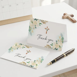 50Pcs Cross Flower Thank You & Sympathy Cards - 4 x 6 Inch Blank Inside Greeting Cards with Envelopes and Stickers for Wedding, Baptism, Baby Shower, Bridal Shower, Funeral