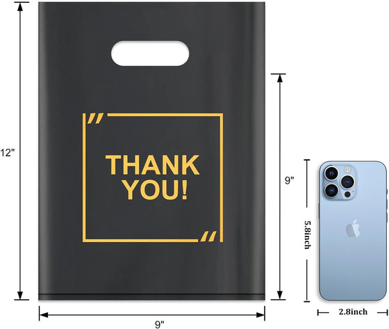 50 Pack Die Cut Plastic Shopping Bags with Thank You Logo 9x12 Merchandise Bags Extra Thick Glossy and Shopping Bags for Retail,Boutique Bags with Handles for Merchandise, Gifts, Trade Shows - hover image