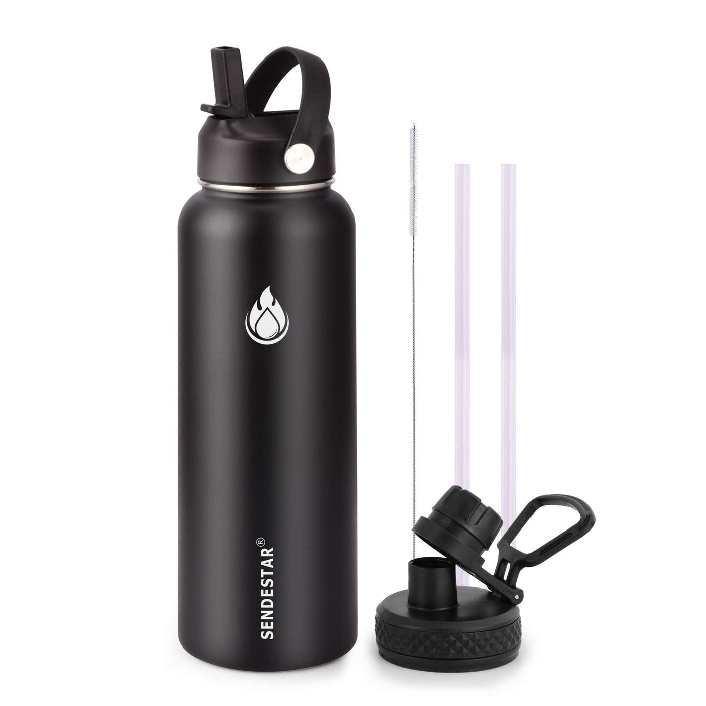 SENDESTAR Water Bottle 32oz Double Wall Vacuum Insulated Leak Proof Stainless Steel Sports Water Bottle—Wide Mouth with New Flex Straw Lid & Spout Lid (Deep Blue&Black)