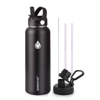 SENDESTAR Water Bottle 32oz Double Wall Vacuum Insulated Leak Proof Stainless Steel Sports Water Bottle—Wide Mouth with New Flex Straw Lid & Spout Lid (Deep Blue&Black)