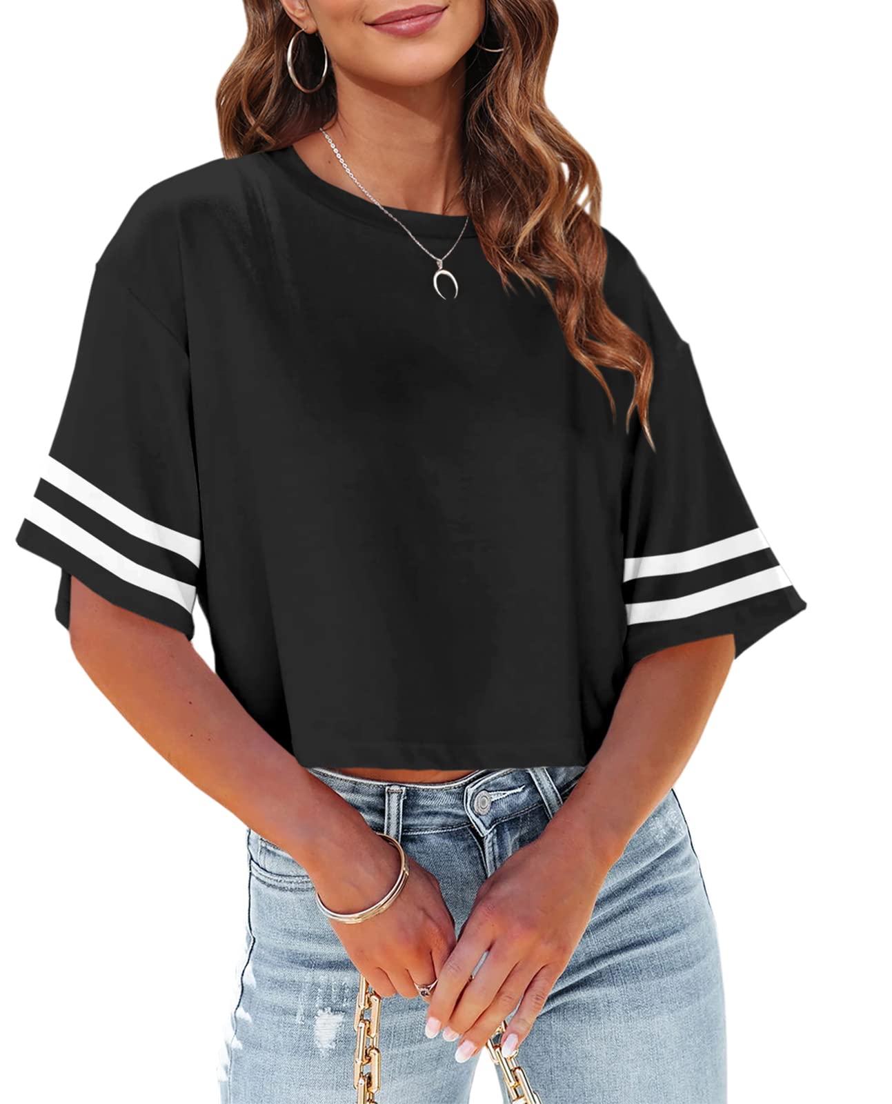 Tankaneo Women Half Sleeve Cropped T-Shirts Drop Shoulder Round Neck Crop Tops Casual Summer Solid Color Basic Tees