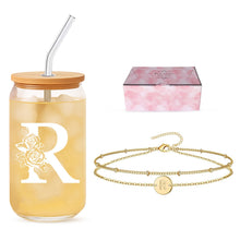 Sister Gifts for Women, Initial Glass Cup and Bracelet Gift Set, Personalized Ready to Gift Letter Keepsake for Birthday, Thank You and Just Because
