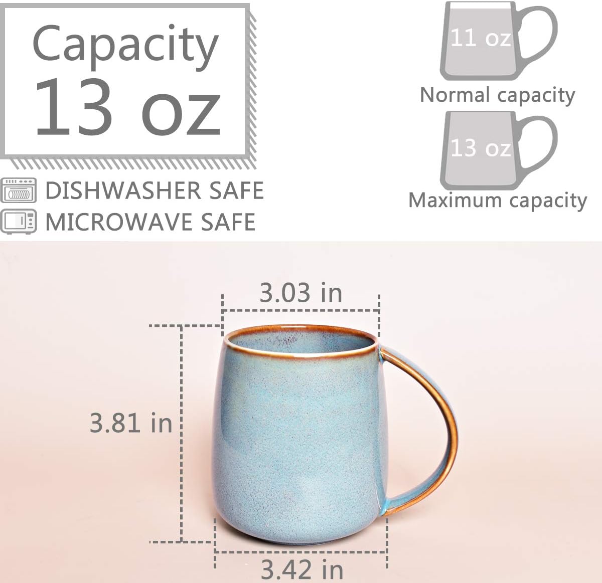 Bosmarlin Matte Ceramic Coffee Mug, Tea Cup for Office and Home, 13 oz, Dishwasher and Microwave Safe, 1 Pack (Lake Blue(Glossy))
