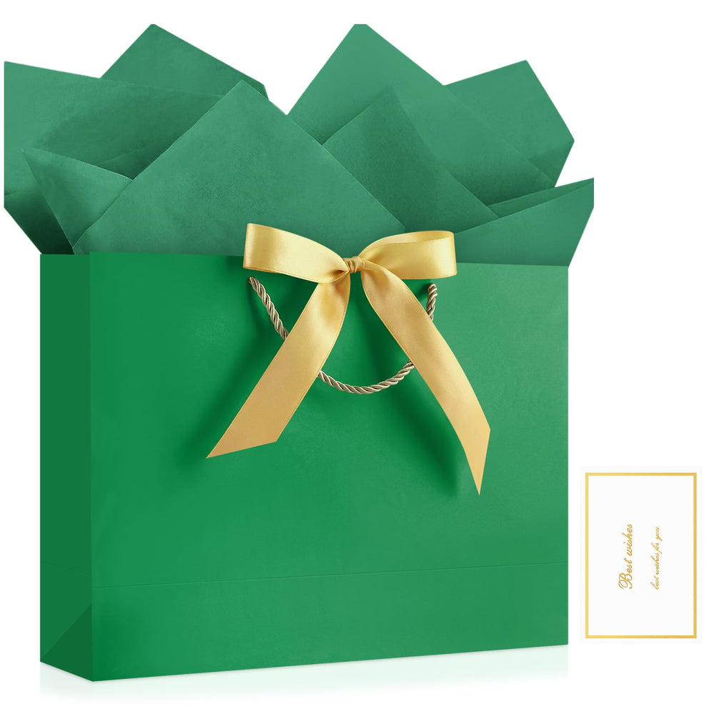 JMANNI Gift Bags with Handles, 13” Medium Gift Bag for Presents, 1 Pcs Bags with 2 Tissue Paper and 1 Cards for Graduation Baby Shower Wedding Fathers Day Mother's Day Birthday Party（champagne gold）