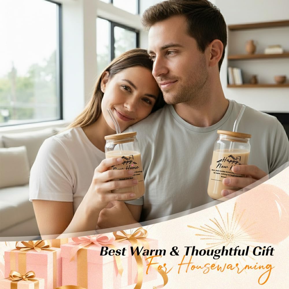 wtisan Housewarming Gifts for New Home - Sweet Home Aesthetic Can Shaped Glass Cup, 16oz Iced Coffee Tumbler - House Warming Gift Ideas with Lid, Straw & Card for Couple, New Homeowner