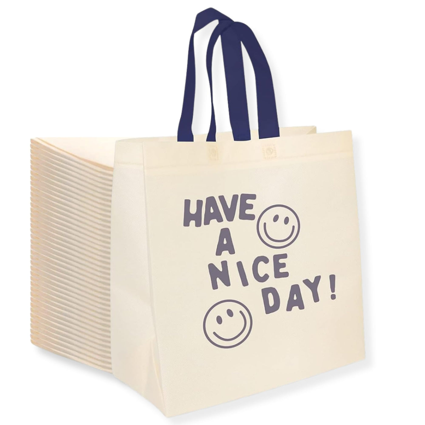 Bagways 30 PACK Reusable Grocery Bags with Handles, Durable, Foldable, Washable Eco-Friendly Shopping Totes, 14x6.5x14 Inch, Beige/Green Eco Doodles Design