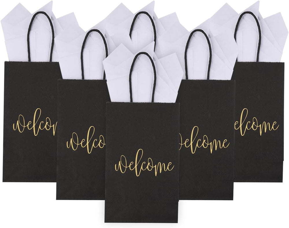 50 Pack Small Welcome Gift Bags 9x5.5x3.15 Inch with 50 Sheets White Tissue Paper for Wedding Hotel Guests, Black Party Favor Bags with Handles for Engagements, Baby Showers, Birthday Goodies