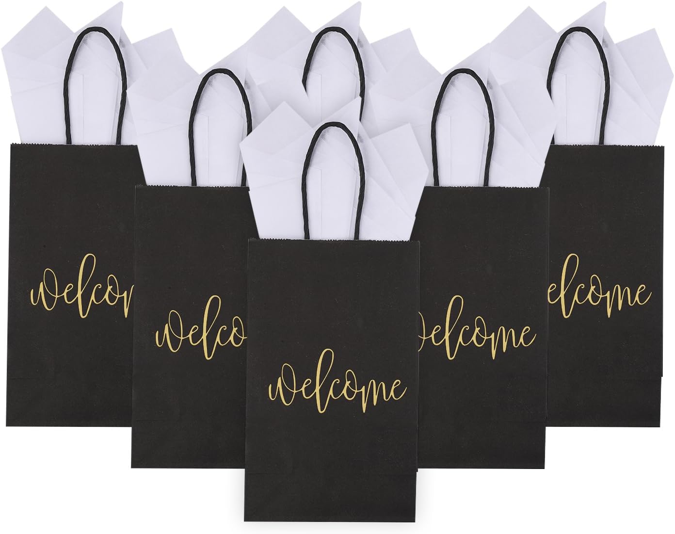 50 Pack Small Welcome Gift Bags 9x5.5x3.15 Inch with 50 Sheets White Tissue Paper for Wedding Hotel Guests, Black Party Favor Bags with Handles for Engagements, Baby Showers, Birthday Goodies