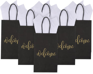 50 Pack Small Welcome Gift Bags 9x5.5x3.15 Inch with 50 Sheets White Tissue Paper for Wedding Hotel Guests, Black Party Favor Bags with Handles for Engagements, Baby Showers, Birthday Goodies