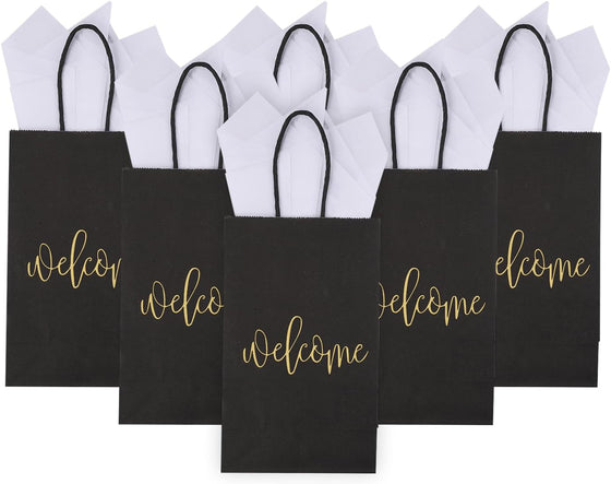 50 Pack Small Welcome Gift Bags 9x5.5x3.15 Inch with 50 Sheets White Tissue Paper for Wedding Hotel Guests, Black Party Favor Bags with Handles for Engagements, Baby Showers, Birthday Goodies - hover image