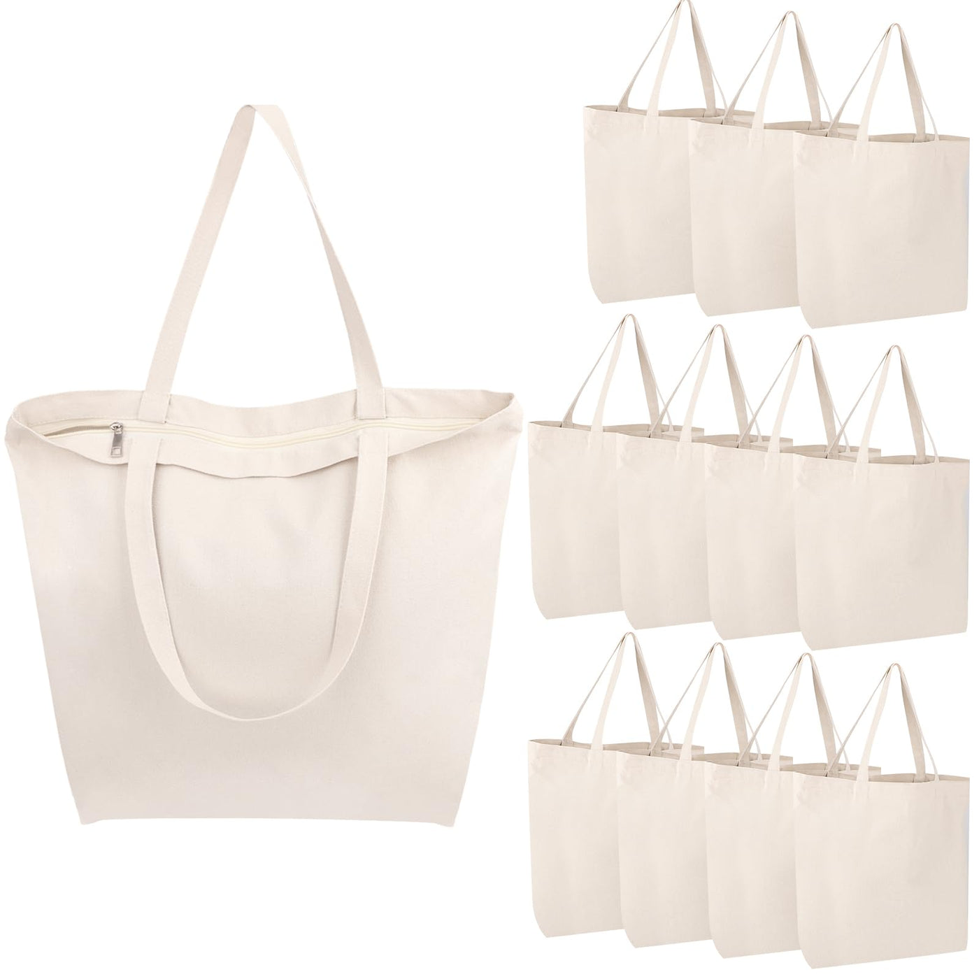 Segarty 6 Packs Canvas Tote Bag with Zipper, 16x13 inch Reusable Washable Grocery Shopping Bags with Handle Plain Canvas Totes for Women Teacher DIY Art Crafts Painting Embroidery Decoration